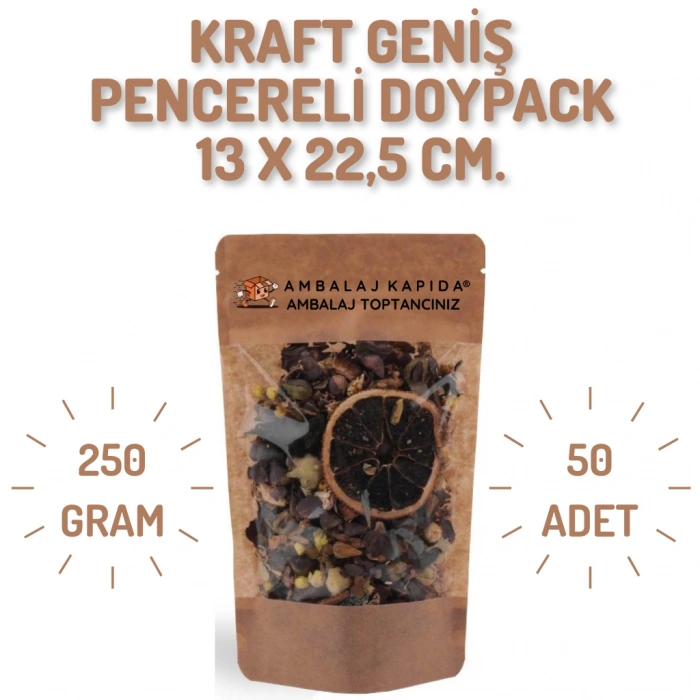 13x22,5 cm. Kraft Geniş Pencereli Doypack - 50 Adet