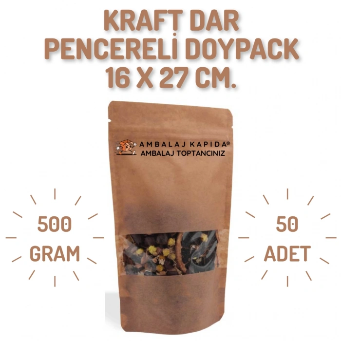 16x27 cm. Kraft Dar Pencereli Doypack - 50 Adet