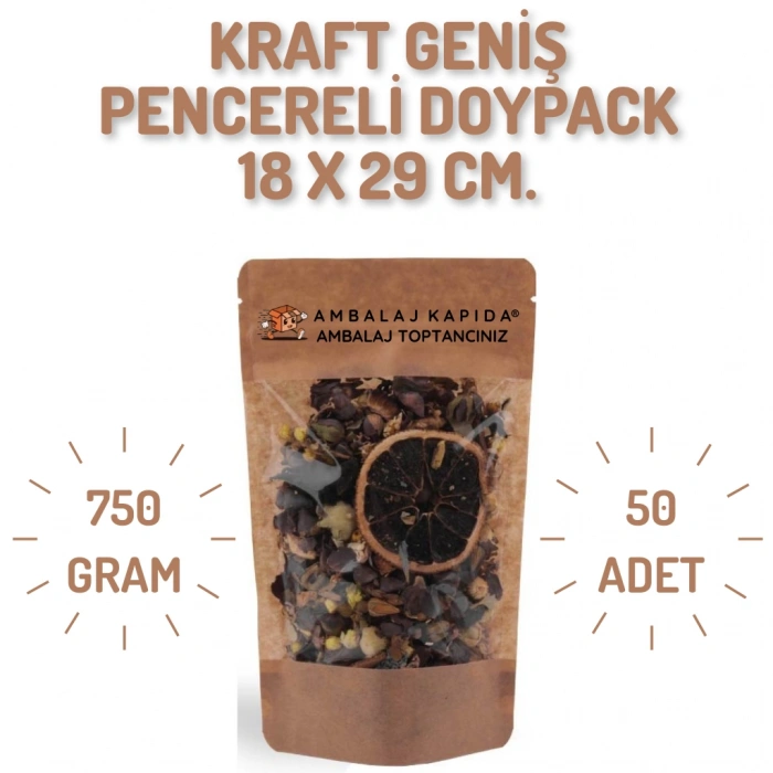 18x29 cm. Kraft Geniş Pencereli Doypack - 50 Adet