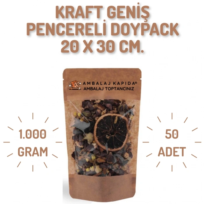 20x30 cm. Kraft Geniş Pencereli Doypack - 50 Adet