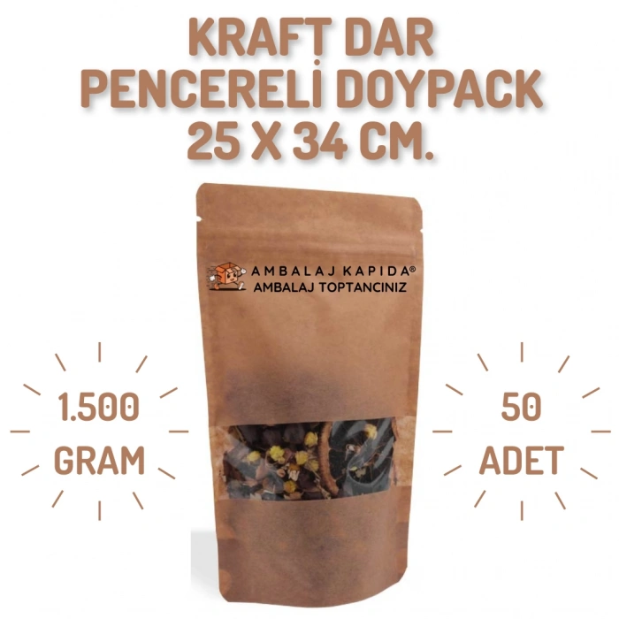 25x34 cm. Kraft Dar Pencereli Doypack - 50 Adet