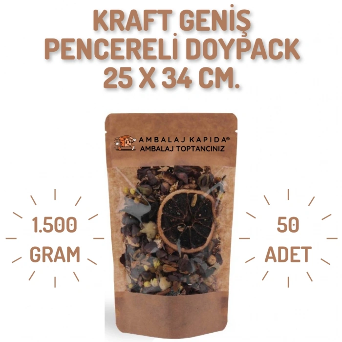 25x34 cm. Kraft Geniş Pencereli Doypack - 50 Adet