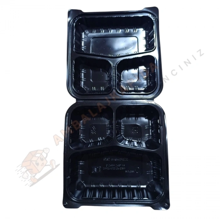 3 Gözlü Yemek Kabı Kendinden Kapaklı Siyah 200 Adet