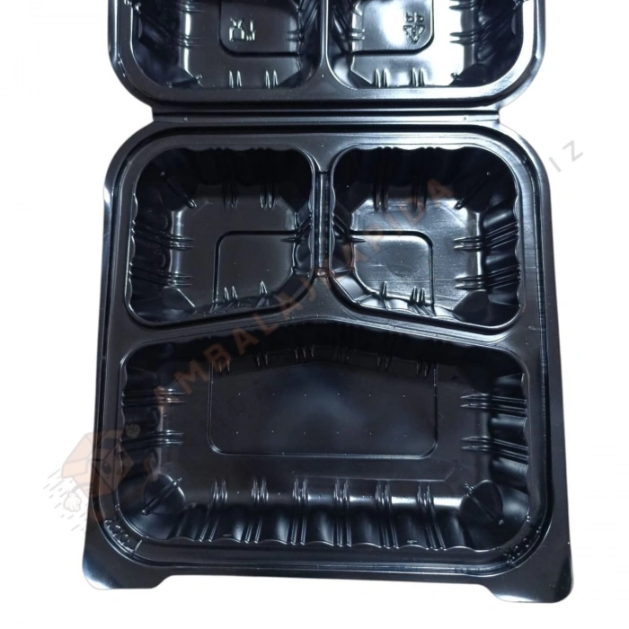 3 Gözlü Yemek Kabı Kendinden Kapaklı Siyah 200 Adet