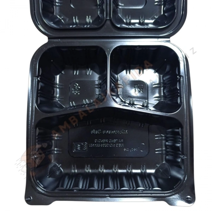 3 Gözlü Yemek Kabı Kendinden Kapaklı Siyah 200 Adet