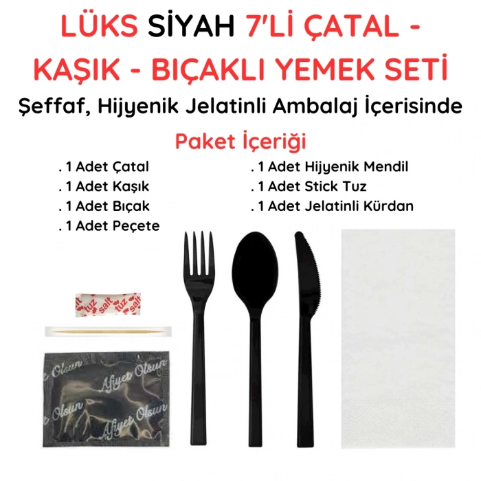 7 li Siyah Çatal Bıçak Kaşıklı Lüks Setleme