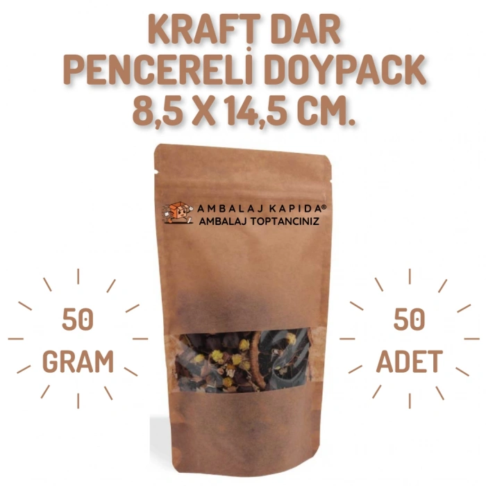 8,5x14,5 cm. Kraft Dar Pencereli Doypack - 50 Adet
