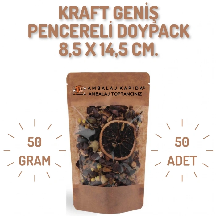 8,5x14,5 cm. Kraft Geniş Pencereli Doypack - 50 Adet