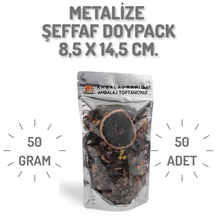 8,5x14,5 cm. Metalize Şeffaf Kilitli Doypack - 50 Adet