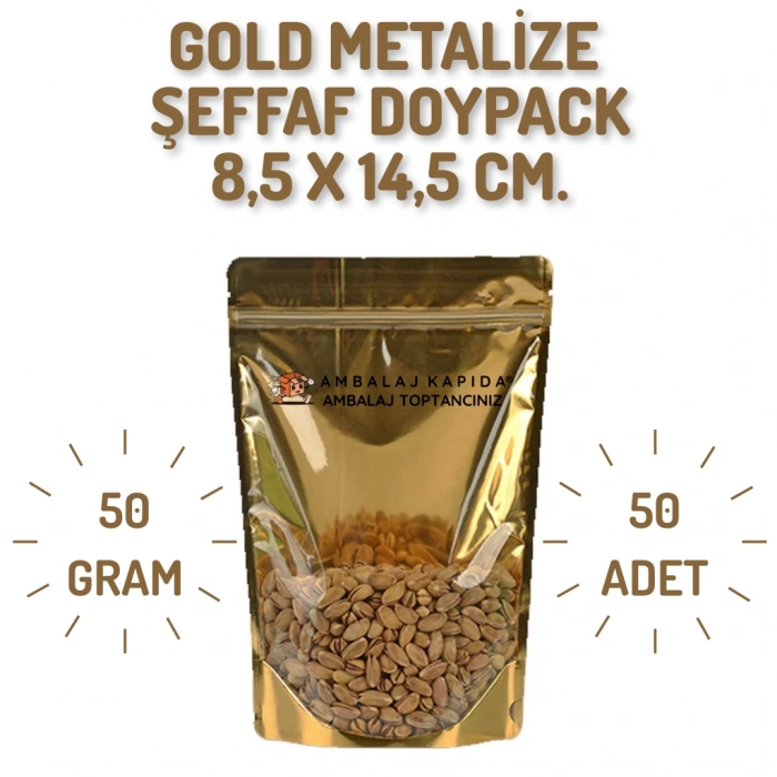 8,5x14,5 Gold Şeffaf Metalize Doypack - 50 Adet