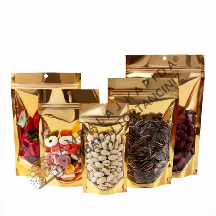 8,5x14,5 Gold Şeffaf Metalize Doypack - 50 Adet