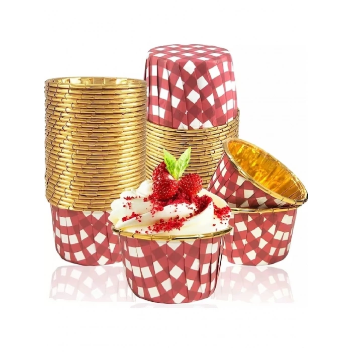 Dolphin Muffin Kek Kapsülü Pötükare Desenli Kırmızı İçi Gold 25li