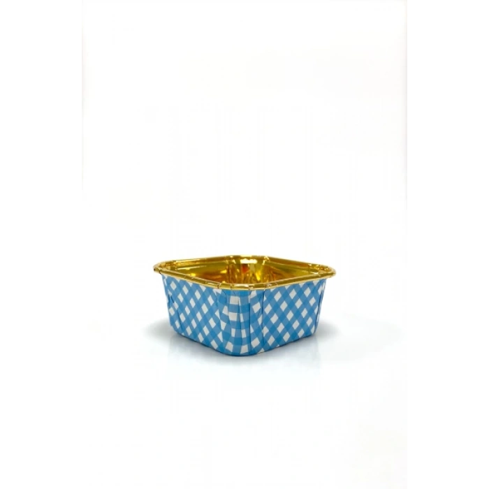 Dolphin Muffin Kek Kapsülü Kare Pötikare Mavi-Altın 25li