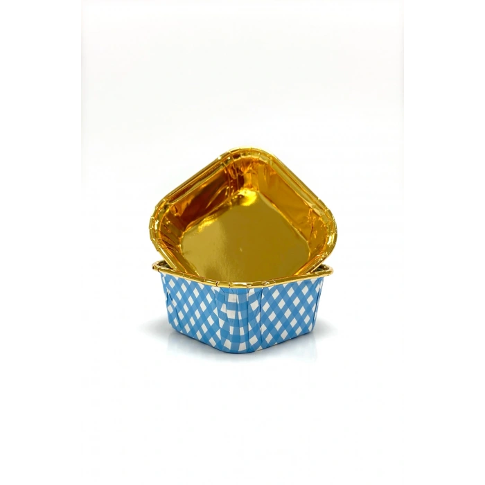 Dolphin Muffin Kek Kapsülü Kare Pötikare Mavi-Altın 25li