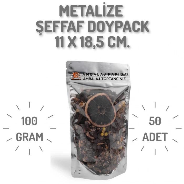 11x18,5x7 cm. Metalize Şeffaf Kilitli Doypack - 50 Adet