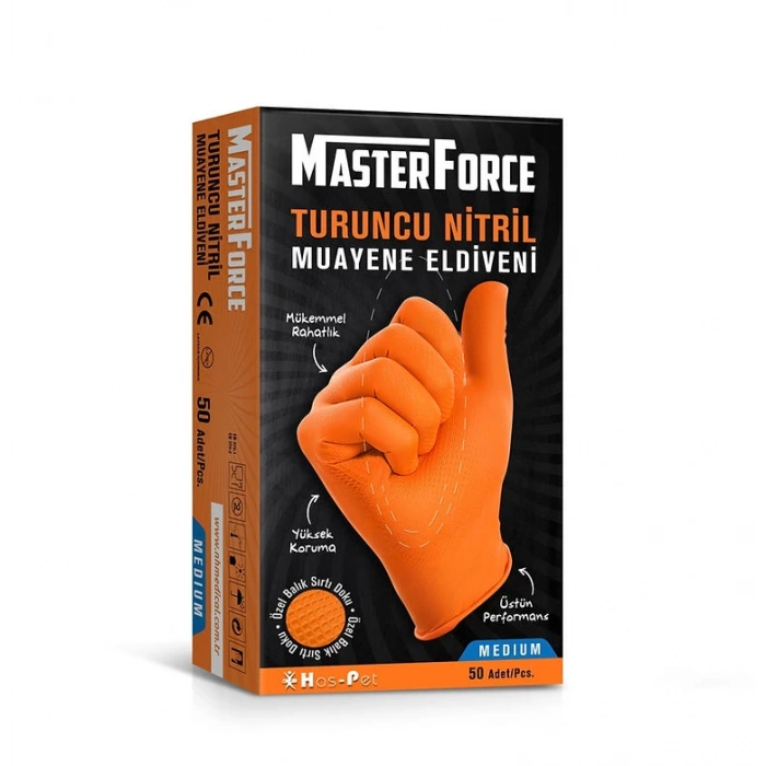 MasterForce Turuncu Nitril M Beden Eldiven 50 li