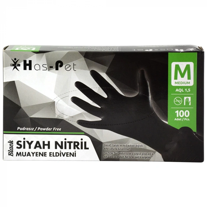 Haspet Siyah Nitril Pudrasız Muayene Eldiveni M Beden