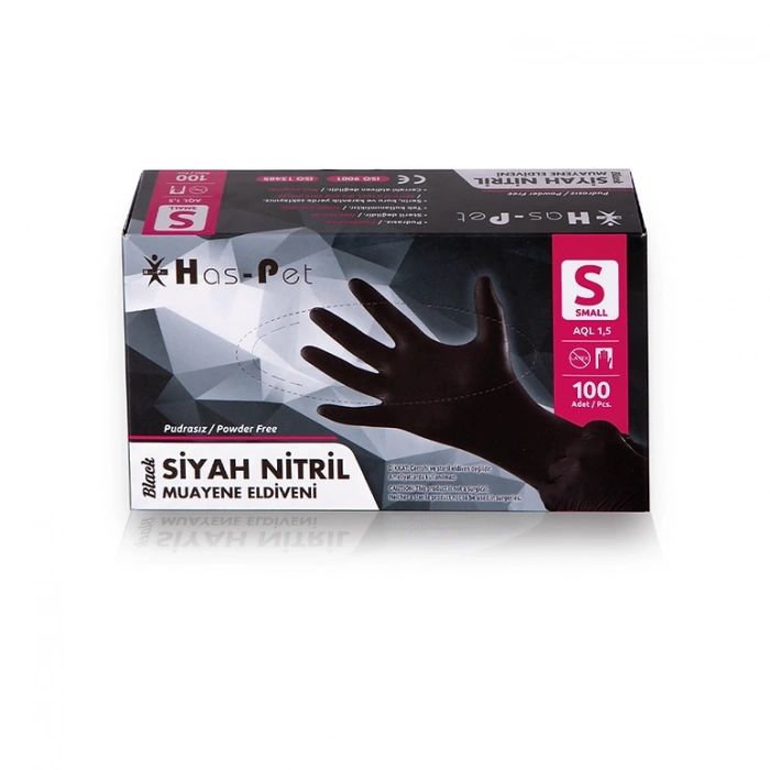 Haspet Siyah Nitril Pudrasız Muayene Eldiveni S Beden
