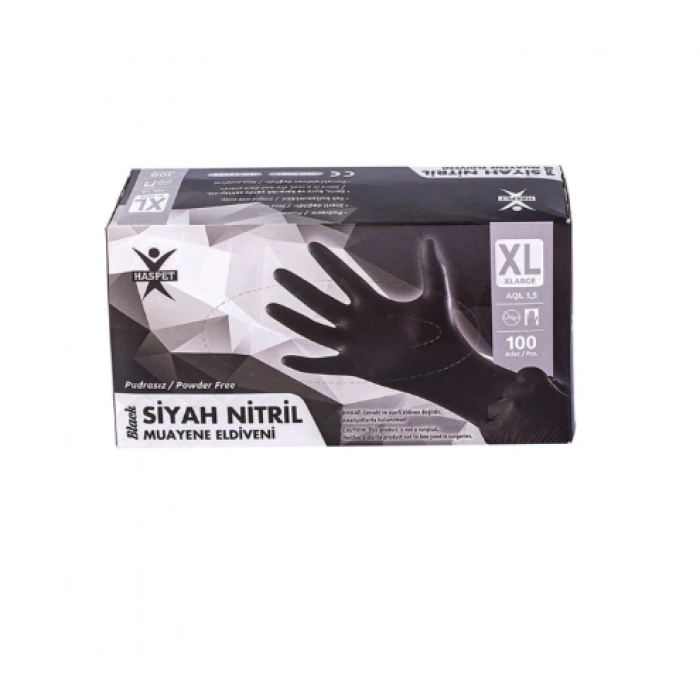 Haspet Siyah Nitril Pudrasız Muayene Eldiveni XL Beden