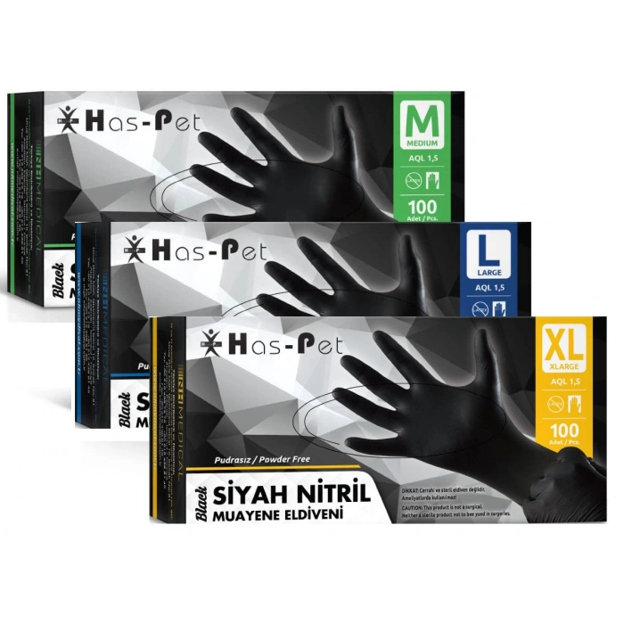 Haspet Siyah Nitril Pudrasız Muayene Eldiveni XL Beden