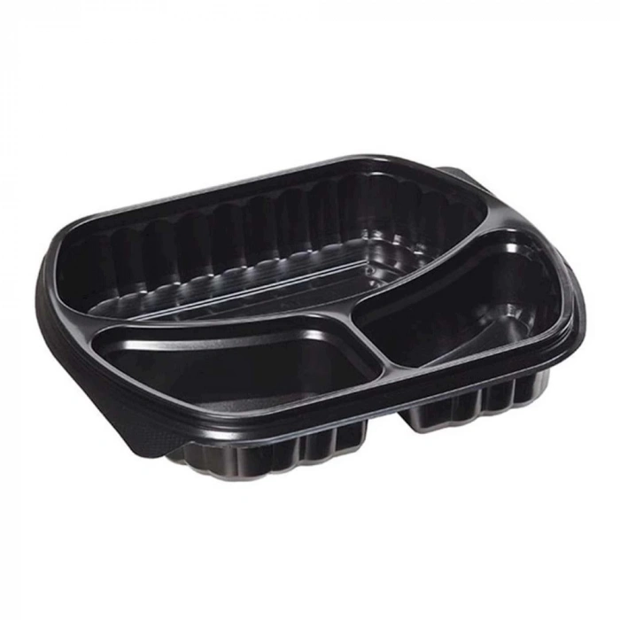 Siyah Plastik 3 Gözlü Yemek Kabı 50 Li -Kapaksız