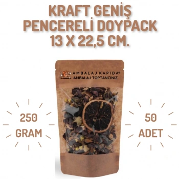 13x22,5 cm. Kraft Geniş Pencereli Doypack - 50 Adet