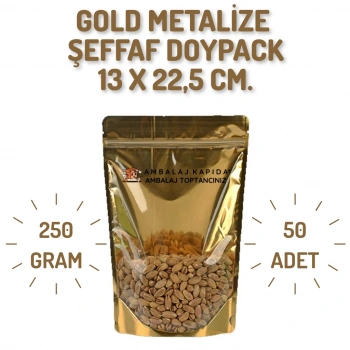 13x22,5 Gold Şeffaf Metalize Doypack - 50 Adet