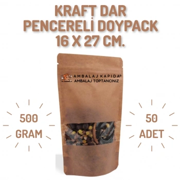 16x27 cm. Kraft Dar Pencereli Doypack - 50 Adet
