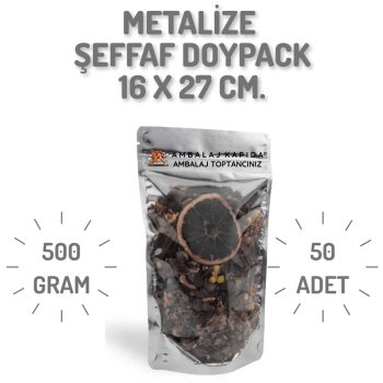 16x27 cm. Metalize Şeffaf Kilitli Doypack - 50 Adet