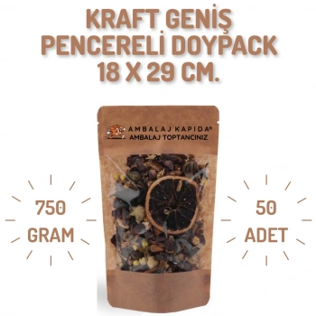 18x29 cm. Kraft Geniş Pencereli Doypack - 50 Adet