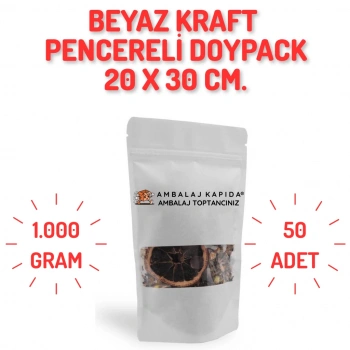 20x30 cm. Beyaz Kraft Pencereli Doypack - 50 Adet