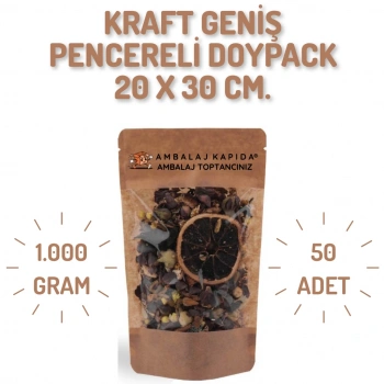 20x30 cm. Kraft Geniş Pencereli Doypack - 50 Adet