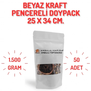 25x34 cm. Beyaz Kraft Pencereli Doypack - 50 Adet