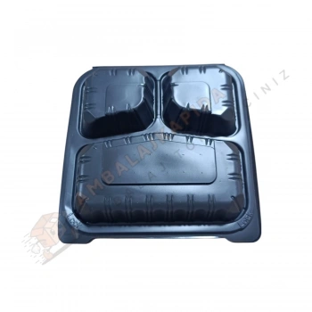 3 Gözlü Yemek Kabı Kendinden Kapaklı Siyah 200 Adet