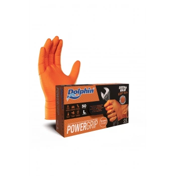 Dolphin PowerGrip Ekstra Kalın Turuncu Nitril Eldiven Elmas Dokulu L Beden 50 Adet