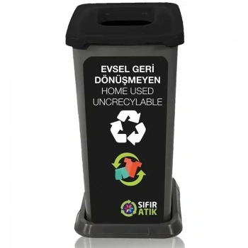 Plastik Sıfır Atık Geri Dönüşüm Çöp Kutusu Kovası 70 Lt -Siyah- Evsel Atık