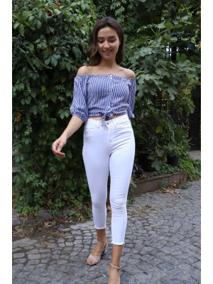 Belden Bağlamalı Bluz - MAVİ