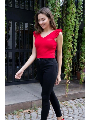 Fırfır Detaylı Triko Bluz - KIRMIZI