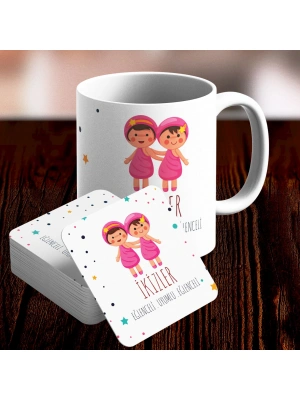 İkizler Burcu Özel Sevimli Kupa ve Altlık Seti