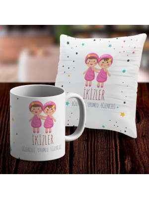 İkizler Tasarımlı Sevimli Kupa ve Yastık Kılıfı Seti