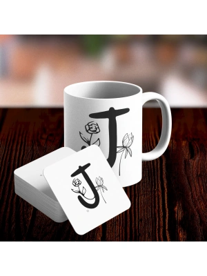 J Harfi Tasarımlı Kupa ve Bardak Altlığı Seti