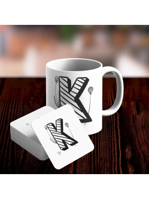 K Harfi Tasarımlı Kupa ve Bardak Altlığı Seti