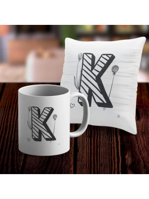 K Harfi Tasarımlı Kupa ve Yastık Kılıfı Hediye Seti