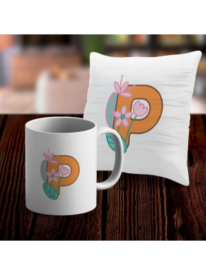 P Harfi Tasarımlı Kupa ve Yastık Kılıfı Hediye Seti