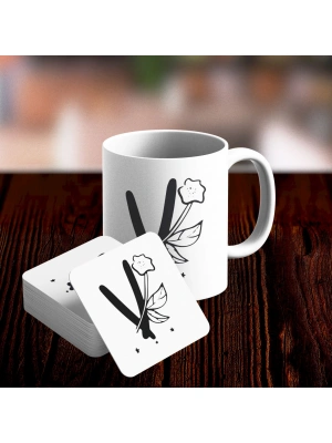 V Harfi Tasarımlı Kupa ve Bardak Altlığı Seti