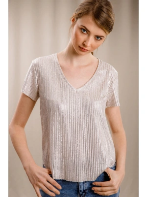 V Yaka Tasarım T-shirt-KREM