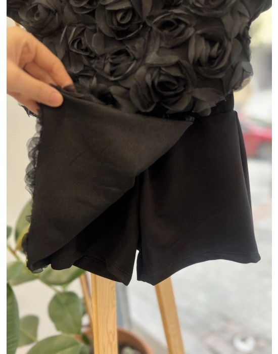 Gül Detaylı Siyah Şort Etekli Takım 3-10 yaş