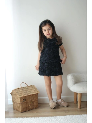 Gül Detaylı Siyah Şort Etekli Takım