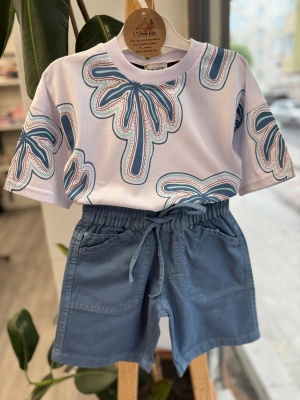 Palmiye Tişörtlü Kot Şortlu Takım 3-10 yaş