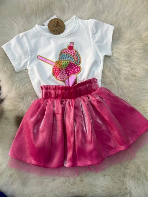 Parlak Tütü Etekli Takım Fuşya